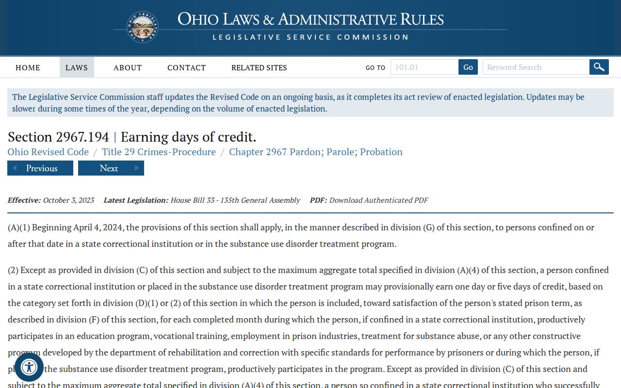 Ohio earned credit statute for Wyandot County projected release dates
