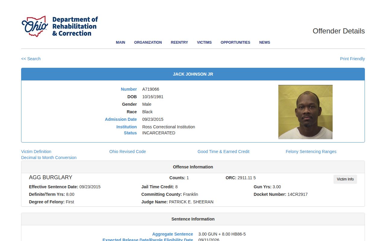 Wyandot County projected release date field in an ODRC record
